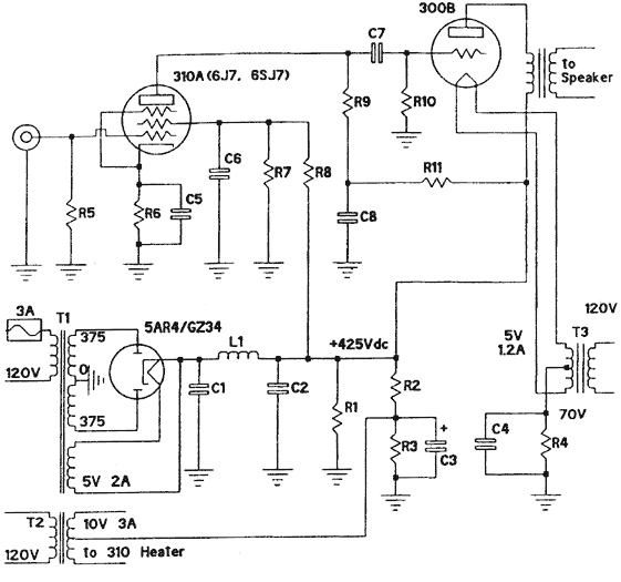 Схема однотактного лампового усилителя на 300B