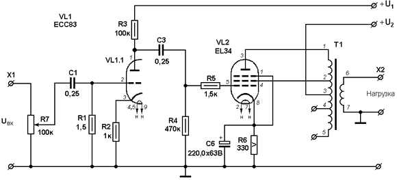 Принципиальная схема однотактного усилителя низкой частоты на лампах ЕСС83 и EL34