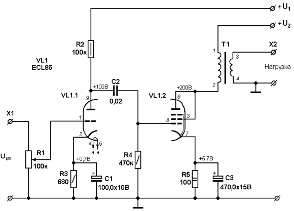 Принципиальная схема простейшего однолампового усилителя низкой частоты на лампе ECL86